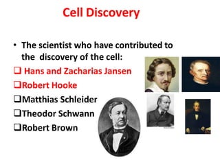 Cell Discovery
• The scientist who have contributed to
the discovery of the cell:
 Hans and Zacharias Jansen
Robert Hooke
Matthias Schleiden
Theodor Schwann
Robert Brown
 