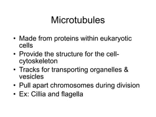 Microtubules
• Made from proteins within eukaryotic
cells
• Provide the structure for the cell-
cytoskeleton
• Tracks for transporting organelles &
vesicles
• Pull apart chromosomes during division
• Ex: Cillia and flagella
 