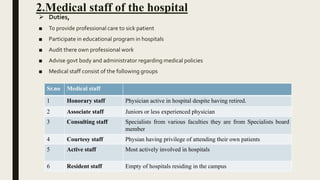 2.Medical staff of the hospital
 Duties,
■ To provide professional care to sick patient
■ Participate in educational program in hospitals
■ Audit there own professional work
■ Advise govt body and administrator regarding medical policies
■ Medical staff consist of the following groups
Sr.no Medical staff
1 Honorary staff Physician active in hospital despite having retired.
2 Associate staff Juniors or less experienced physician
3 Consulting staff Specialists from various faculties they are from Specialists board
member
4 Courtesy staff Physian having privilege of attending their own patients
5 Active staff Most actively involved in hospitals
6 Resident staff Empty of hospitals residing in the campus
 