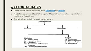 4.CLINICAL BASIS
■ Clinical service offered by hospital either specialized and general
■ Most of the government hospital have general hospital services such as surgical internal
medicine, orthopedic etc.
■ Specialized care include the medicine and surgery.
 