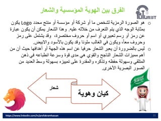 ‫والشعار‬ ‫المؤسسية‬ ‫الهوية‬ ‫بين‬ ‫الفرق‬
22
o
‫محدد‬ ‫منتج‬ ‫أو‬ ‫مؤسسة‬ ‫أو‬ ‫شركة‬ ‫أو‬ ‫ما‬ ‫لشخص‬ ‫الرمزية‬ ‫الصورة‬ ‫هو‬
Logo
‫يكون‬
‫عليه‬ ‫خالله‬ ‫من‬ ‫التعرف‬ ‫يتم‬ ‫الذي‬ ‫الوجه‬ ‫بمثابة‬
.
‫يكو‬ ‫أن‬ ‫يمكن‬ ‫الشعار‬ ‫وهذا‬
‫عبارة‬ ‫ن‬
،‫مختصرة‬ ‫حروف‬ ‫أو‬ ‫اسم‬ ‫أو‬ ‫تعبيري‬ ‫رسم‬ ‫أو‬ ‫رمز‬ ‫عن‬
‫رمز‬ ‫على‬ ‫يشتمل‬ ‫وقد‬
‫واالبيض‬ ‫باألسود‬ ‫يكون‬ ‫وقد‬ ‫ملونا‬ ‫الغالب‬ ‫في‬ ‫ويكون‬ ،ً‫ا‬‫مع‬ ‫وحروف‬
.
o
‫أ‬ ‫حيث‬ ‫أهدافها‬ ‫أو‬ ‫الجهة‬ ‫هذه‬ ‫اسم‬ ‫عن‬ ‫حرفيا‬ ‫الشعار‬ ‫يعبر‬ ‫أن‬ ‫بالضرورة‬ ‫ليس‬
‫من‬ ‫ن‬
‫ذهن‬ ‫في‬ ‫انطباعه‬ ‫وسرعة‬ ‫قوة‬ ‫مدى‬ ‫هي‬ ‫والقوي‬ ‫الناجح‬ ‫الشعار‬ ‫مميزات‬ ‫أهم‬
‫العدي‬ ‫وسط‬ ‫بسهولة‬ ‫تمييزه‬ ‫على‬ ‫والمقدرة‬ ‫وتذكره‬ ‫حفظه‬ ‫وسهولة‬ ‫المتلقي‬
‫من‬ ‫د‬
‫األخرى‬ ‫البصرية‬ ‫الصور‬
.
‫شعار‬
‫وهوية‬ ‫كيان‬
https://www.linkedin.com/in/profakramhassan
 