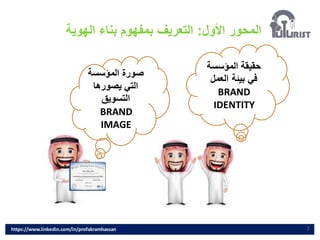 ‫األول‬ ‫المحور‬
:
‫الهوية‬ ‫بناء‬ ‫بمفهوم‬ ‫التعريف‬
7
‫المؤسسة‬ ‫حقيقة‬
‫العمل‬ ‫بيئة‬ ‫في‬
BRAND
IDENTITY
‫المؤسسة‬ ‫صورة‬
‫يصورها‬ ‫التي‬
‫التسويق‬
BRAND
IMAGE
https://www.linkedin.com/in/profakramhassan
 
