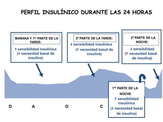 PERFIL INSULÍNICO DURANTE LAS 24 HORAS
D A O C
MAÑANA Y 1er PARTE DE LA
TARDE:
 sensibilidad insulínica
( necesidad basal de
insulina)
2ª PARTE DE LA TARDE:
 sensibilidad insulínica
( necesidad basal de
insulina)
 sensibilidad
insulínica
( necesidad basal
de insulina)
2ª PARTE DE LA
NOCHE:
 sensibilidad
( necesidad basal
de insulina)
1er PARTE DE LA
NOCHE
 