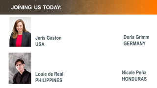 A PAGE FOR BIG BOLDBULLET ITEMS
JOINING US TODAY:
Jeris Gaston
USA
Doris Grimm
GERMANY
Louie de Real
PHILIPPINES
Nicole Peña
HONDURAS
 