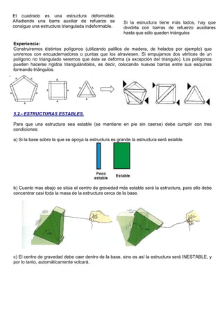 Experiencia:
Construiremos distintos polígonos (utilizando palillos de madera, de helados por ejemplo) que
uniremos con encuadernadores o puntas que los atraviesen. Si empujamos dos vértices de un
polígono no triangulado veremos que éste se deforma (a excepción del triángulo). Los polígonos
pueden hacerse rígidos triangulándolos, es decir, colocando nuevas barras entre sus esquinas
formando triángulos.
5.2.- ESTRUCTURAS ESTABLES.
Para que una estructura sea estable (se mantiene en pie sin caerse) debe cumplir con tres
condiciones:
a) Si la base sobre la que se apoya la estructura es grande la estructura será estable.
b) Cuanto mas abajo se sitúe el centro de gravedad más estable será la estructura, para ello debe
concentrar casi toda la masa de la estructura cerca de la base.
c) El centro de gravedad debe caer dentro de la base, sino es así la estructura será INESTABLE, y
por lo tanto, automáticamente volcará.
Si la estructura tiene más lados, hay que
dividirla con barras de refuerzo auxiliares
hasta que sólo queden triángulos
El cuadrado es una estructura deformable.
Añadiendo una barra auxiliar de refuerzo se
consigue una estructura triangulada indeformable.
 