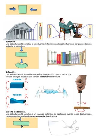 3) Flexión.
Una estructura está sometida a un esfuerzo de flexión cuando recibe fuerzas o cargas que tienden
a doblar la estructura.
4) Torsión.
Una estructura está sometida a un esfuerzo de torsión cuando recibe dos
fuerzas o cargas opuestas que tienden a retorcer la estructura.
5) Corte o cizalladura.
Una estructura está sometida a un esfuerzo cortante o de cizalladura cuando recibe dos fuerzas o
cargas opuestas que tienden romper o cortar la estructura.
 