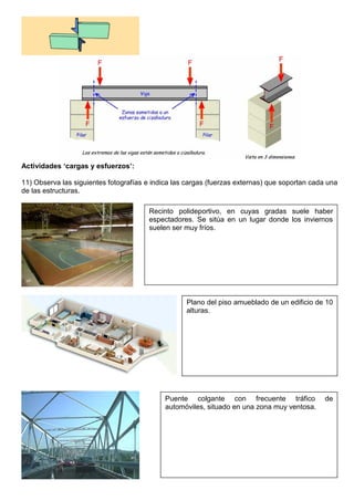 Actividades ‘cargas y esfuerzos’:
11) Observa las siguientes fotografías e indica las cargas (fuerzas externas) que soportan cada una
de las estructuras.
Recinto polideportivo, en cuyas gradas suele haber
espectadores. Se sitúa en un lugar donde los inviernos
suelen ser muy fríos.
Plano del piso amueblado de un edificio de 10
alturas.
Puente colgante con frecuente tráfico de
automóviles, situado en una zona muy ventosa.
 