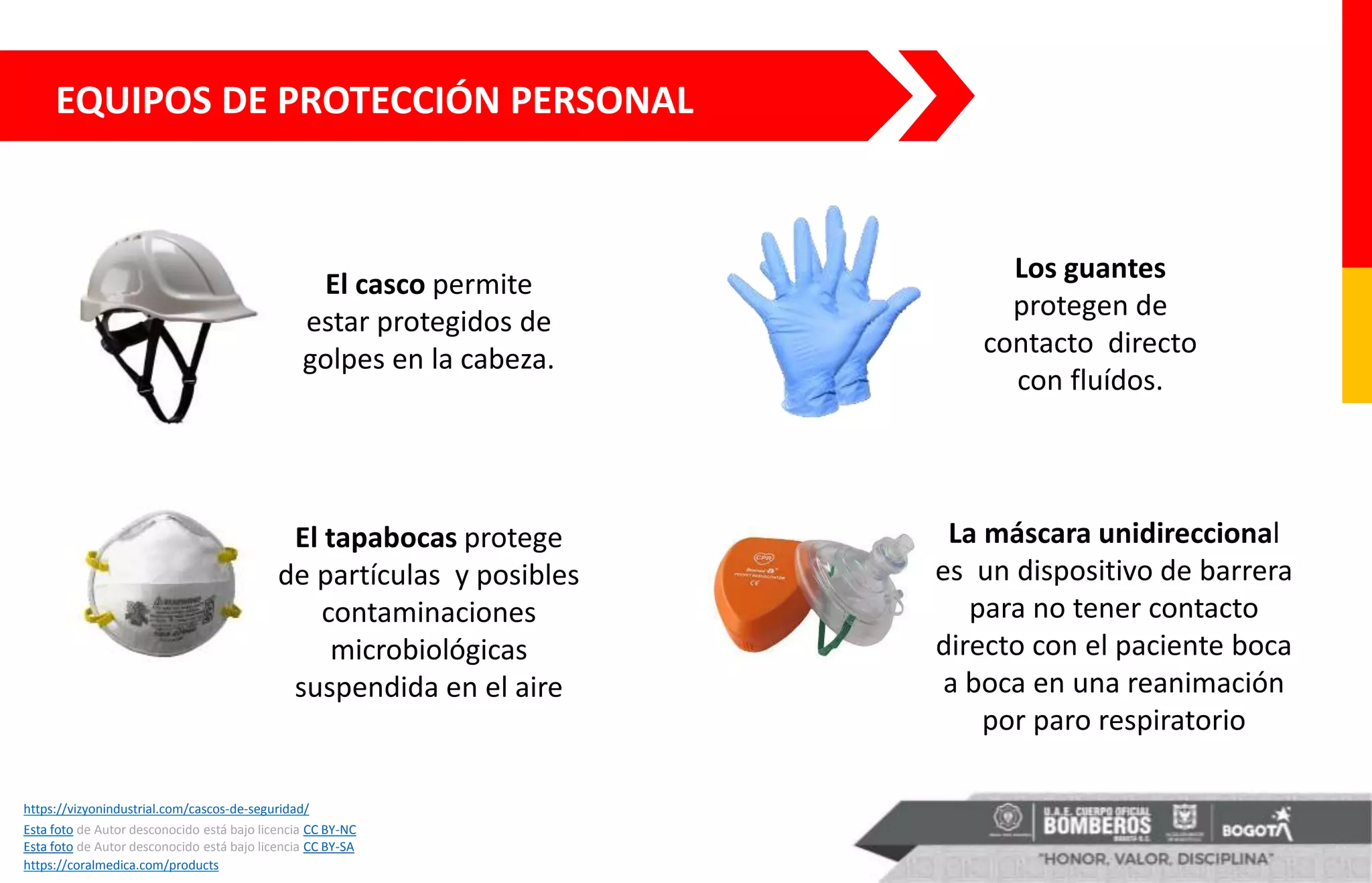 EQUIPOS DE PROTECCIÓN PERSONAL
El casco permite
estar protegidos de
golpes en la cabeza.
Esta foto de Autor desconocido está bajo licencia CC BY-SA
El tapabocas protege
de partículas y posibles
contaminaciones
microbiológicas
suspendida en el aire
Esta foto de Autor desconocido está bajo licencia CC BY-NC
Los guantes
protegen de
contacto directo
con fluídos.
La máscara unidireccional
es un dispositivo de barrera
para no tener contacto
directo con el paciente boca
a boca en una reanimación
por paro respiratorio
https://coralmedica.com/products
https://vizyonindustrial.com/cascos-de-seguridad/
 