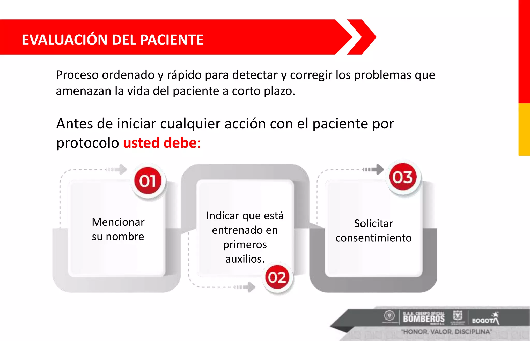 EVALUACIÓN DEL PACIENTE
Proceso ordenado y rápido para detectar y corregir los problemas que
amenazan la vida del paciente a corto plazo.
Antes de iniciar cualquier acción con el paciente por
protocolo usted debe:
Mencionar
su nombre
Indicar que está
entrenado en
primeros
auxilios.
Solicitar
consentimiento
 