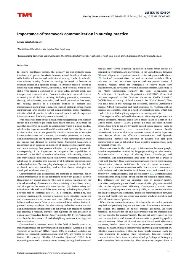 Importance of teamwork communication in nursing practice | PDF