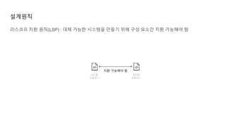 설계원칙
A모듈
A클래스
B모듈
B클래스
치환 가능해야 함
리스코프 치환 원칙(LSP) : 대체 가능한 시스템을 만들기 위해 구성 요소간 치환 가능해야 함
 