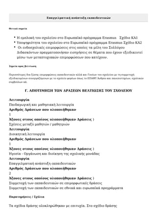 Επαγγελματική ανάπτυξη εκπαιδευτικών
Θετικά σημεία
Η εμπλοκή του σχολείου στο Ευρωπαϊκό πρόγραμμα Erasmus   Σχέδιο ΚΑ1
Υποψηφιότητα του σχολείου στο Ευρωπαϊκό πρόγραμμα Erasmus Σχέδιο KA2
 Οι ενδοσχολικές επιμορφώσεις στις οποίες τα μέλη του Συλλόγου
Διδασκόντων πραγματοποιήσαν εισηγήσεις σε θέματα που έχουν εξειδικευτεί
μέσω των μεταπτυχιακών επιμορφώσεων που κατέχουν. 
Σημεία προς βελτίωση
Περισσότερες δια ζώσης επιμορφώσεις εκπαιδευτικών αλλά και Γονέων του σχολείου με τη συμμετοχή
εξειδικευμένων συνεργαζόμενων με το σχολείο φορέων όπως το ΕΠΑΨΥ Άνδρου και πανεπιστημίων, σχολικών
συμβούλων κά.
Γ. ΑΠΟΤΙΜΗΣΗ ΤΩΝ ΔΡΑΣΕΩΝ ΒΕΛΤΙΩΣΗΣ ΤΟΥ ΣΧΟΛΕΙΟΥ
Λειτουργία
Παιδαγωγική και μαθησιακή λειτουργία
Αριθμός Δράσεων που υλοποιήθηκαν
1
Άξονες στους οποίους υλοποιήθηκαν Δράσεις )
Σχέσεις μεταξύ μαθητών / μαθητριών
Λειτουργία
Διοικητική λειτουργία
Αριθμός Δράσεων που υλοποιήθηκαν
1
Άξονες στους οποίους υλοποιήθηκαν Δράσεις )
Ηγεσία - Οργάνωση και διοίκηση της σχολικής μονάδας
Λειτουργία
Επαγγελματική ανάπτυξη εκπαιδευτικών
Αριθμός Δράσεων που υλοποιήθηκαν
2
Άξονες στους οποίους υλοποιήθηκαν Δράσεις )
Συμμετοχή των εκπαιδευτικών σε επιμορφωτικές δράσεις
Συμμετοχή των εκπαιδευτικών σε εθνικά και ευρωπαϊκά προγράμματα
Παρατηρήσεις / Σχόλια
Τα σχέδια δράσης ολοκληρώθηκαν με επιτυχία. Στο σχέδιο δράσης
 