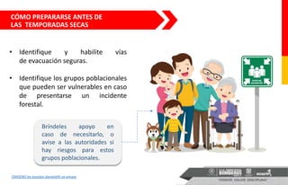OXIGENO by josselyn.daniela95 on emaze
Bríndeles apoyo en
caso de necesitarlo, o
avise a las autoridades si
hay riesgos para estos
grupos poblacionales.
• Identifique y habilite vías
de evacuación seguras.
• Identifique los grupos poblacionales
que pueden ser vulnerables en caso
de presentarse un incidente
forestal.
CÓMO PREPARARSE ANTES DE
LAS TEMPORADAS SECAS
 