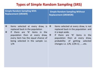 Types of Simple Random Sampling (SRS)
Simple Random Sampling With
Replacement (SRSWR)
Simple Random Sampling Without
Replacement (SRSWOR)
 Items selected at every draw, is
replaced back in the population
 If there are ‘N’ items in the
population then at every draw,
every item has the equal chance of
being selected in the sample i.e.
1/N
 Items selected at every draw, is not
replaced back in the population and
it is kept aside.
 If there are ‘N’ items in the
population then at every draw,
probability of getting selected
changes i.e. 1/N, 1/(N-1) , ....etc.
 