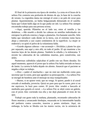 El final de la primavera era época de siembra. La cesta en el brazo de la
señora Fitz contenía una profusión de dientes de ajo, la base de la cosecha
de verano. La regordeta dama me entregó el cesto y un palo de cavar para
plantar. Aparentemente, yo había holgazaneado demasiado en el castillo;
hasta que Colum halló algo en lo que podía ser útil. La señora Fitz siempre
encontraba trabajo para una persona ociosa.
—Aquí, querida. Plántelos en el lado sur, entre el tomillo y las
dedaleras. —Me enseñó a dividir las cabezas en semillas individuales sin
estropear la película externa y luego a plantarlas. Era bastante sencillo. Sólo
había que introducir cada diente en la tierra, con el extremo romo hacia
abajo y enterrarlo a casi cuatro centímetros de la superficie. La mujer se
enderezó y se quitó el polvo de la voluminosa falda.
—Guarde algunas cabezas —me aconsejó—. Divídalas y plante los ajos
por separado, uno aquí y otro allá, en todo el jardín. El ajo mantiene a los
insectos lejos de las demás plantas. También la cebolla y la milenrama. Y
recorte las cabezuelas de las caléndulas muertas, pero consérvelas, son
útiles.
Numerosas caléndulas salpicaban el jardín con sus flores doradas. En
aquel momento, apareció el joven que la señora Fitz había enviado en busca
de Jamie. La carrera lo había dejado sin aliento. Anunció que el paciente se
negaba a dejar su trabajo.
—Dice —jadeó el muchacho— que no está tan malherido como para
necesitar que lo curen, pero que agradece su preocupación. —La señora Fitz
se encogió de hombros ante el mensaje no muy tranquilizador.
—Bueno, si no quiere venir, que no venga. Si quiere, puede ir al corral
cercado al mediodía, jovencita. Quizá no pare para que lo curen, pero si no
me equivoco, lo hará para comer. El joven Alec vendrá a buscarla al
mediodía para guiarla al corral. —La señora Fitz se alejó como un galeón,
con el joven Alec corriendo tras ella y me dejó plantando el resto de los
ajos.
Trabajé con gusto toda la mañana, plantando, recortando cabezuelas de
flores muertas y arrancando hierbajos, enzarzada en la interminable batalla
del jardinero contra caracoles, insectos y pestes similares. Aquí, sin
embargo, la lucha se libraba con las manos vacías, sin la asistencia de
 