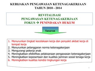 REVITALISASI
PENGAWASAN KETENAGAKERJAAN
FOKUS  PENINDAKAN HUKUM
1. Menurunkan tingkat kecelakaan kerja dan penyakit akibat kerja di
tempat kerja
2. Menurunkan pelanggaran norma ketenagakerjaan
3. Mengurangi pekerja anak
4. Meningkatkan efektifitas pelaksanaan pengawasan ketenagakerjaan
5. Meningkatkan kepesertaan dan kualitas jaminan sosial tenaga kerja
6. Meningkatkan kualitas kondisi lingkungan kerja
Sasaran
KEBIJAKAN PENGAWASAN KETENAGAKERJAAN
TAHUN 2010 - 2014
9
 