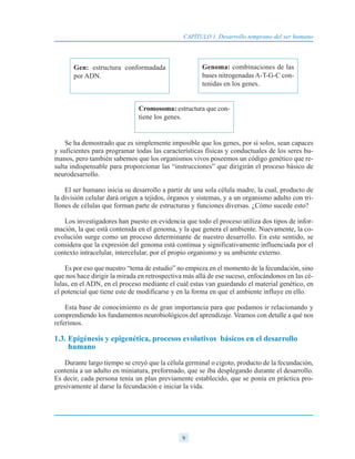 Se ha demostrado que es simplemente imposible que los genes, por sí solos, sean capaces
y suficientes para programar todas las características físicas y conductuales de los seres hu-
manos, pero también sabemos que los organismos vivos poseemos un código genético que re-
sulta indispensable para proporcionar las “instrucciones” que dirigirán el proceso básico de
neurodesarrollo.
El ser humano inicia su desarrollo a partir de una sola célula madre, la cual, producto de
la división celular dará origen a tejidos, órganos y sistemas, y a un organismo adulto con tri-
llones de células que forman parte de estructuras y funciones diversas. ¿Cómo sucede esto?
Los investigadores han puesto en evidencia que todo el proceso utiliza dos tipos de infor-
mación, la que está contenida en el genoma, y la que genera el ambiente. Nuevamente, la co-
evolución surge como un proceso determinante de nuestro desarrollo. En este sentido, se
considera que la expresión del genoma está continua y significativamente influenciada por el
contexto intracelular, intercelular, por el propio organismo y su ambiente externo.
Es por eso que nuestro “tema de estudio” no empieza en el momento de la fecundación, sino
que nos hace dirigir la mirada en retrospectiva más allá de ese suceso, enfocándonos en las cé-
lulas, en el ADN, en el proceso mediante el cuál estas van guardando el material genético, en
el potencial que tiene este de modificarse y en la forma en que el ambiente influye en ello.
Esta base de conocimiento es de gran importancia para que podamos ir relacionando y
comprendiendo los fundamentos neurobiológicos del aprendizaje. Veamos con detalle a qué nos
referimos.
1.3. Epigénesis y epigenética, procesos evolutivos básicos en el desarrollo
humano
Durante largo tiempo se creyó que la célula germinal o cigoto, producto de la fecundación,
contenía a un adulto en miniatura, preformado, que se iba desplegando durante el desarrollo.
Es decir, cada persona tenía un plan previamente establecido, que se ponía en práctica pro-
gresivamente al darse la fecundación e iniciar la vida.
9
CAPÍTULO 1 Desarrollo temprano del ser humano
Gen: estructura conformadada
por ADN.
Cromosoma: estructura que con-
tiene los genes.
Genoma: combinaciones de las
bases nitrogenadas A-T-G-C con-
tenidas en los genes.
 