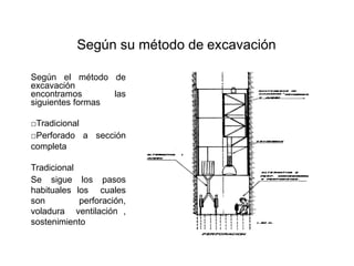 Según su método de excavación
Según el método de
excavación
encontramos las
siguientes formas
□Tradicional
□Perforado a sección
completa
Tradicional
Se sigue los pasos
habituales los cuales
son perforación,
voladura ventilación ,
sostenimiento
 