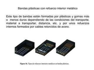 Bandas plásticas con refuerzo interior metálico
Este tipo de bandas están formadas por plásticos y gomas más
o menos duros dependiendo de las condiciones del transporte,
material a transportar, distancia, etc. y por unos refuerzos
internos formados por cables retorcidos de acero.
 