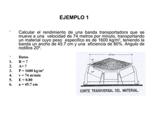 * Calcular el rendimiento de una banda transportadora que se
mueve a una velocidad de 74 metros por minuto, transportando
un material cuyo peso especifico es de 1600 kg/m3, teniendo la
banda un ancho de 45.7 cm y una eficiencia de 80%. Angulo de
rodillos 20º.
* Datos
1. R = ?
2. A= ?
3. P = 1600 kg/m3
4. v = 74 m/min
5. E = 0.80
6. a = 45.7 cm
EJEMPLO 1
 