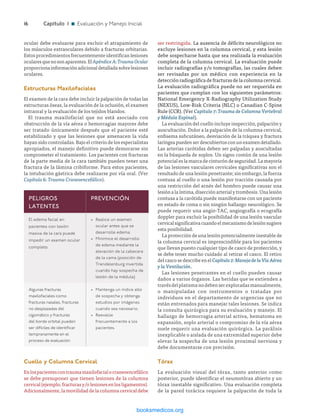 ­16	Capítulo 1 n Evaluación y Manejo Inicial
ocular debe evaluarse para excluir el atrapamiento de
los músculos extraoculares debido a fracturas orbitarias.
Estos procedimientos frecuentemente identifican lesiones
ocularesquenosonaparentes.ElApéndiceA:TraumaOcular
proporcionainformaciónadicionaldetalladasobrelesiones
oculares.
Estructuras Maxilofaciales
El examen de la cara debe incluir la palpación de todas las
estructuras óseas, la evaluación de la oclusión, el examen
intraoral y la evaluación de los tejidos blandos.
El trauma maxilofacial que no está asociado con
obstrucción de la vía aérea o hemorragias mayores debe
ser tratado únicamente después que el paciente esté
estabilizado y que las lesiones que amenacen la vida
hayan sido controladas. Bajo el criterio de los especialistas
apropiados, el manejo definitivo puede demorarse sin
comprometer el tratamiento. Los pacientes con fracturas
de la parte media de la cara también pueden tener una
fractura de la lámina cribiforme. Para estos pacientes,
la intubación gástrica debe realizarse por vía oral. (Ver
Capítulo 6: Trauma Craneoencefálico).
Cuello y Columna Cervical
Enlospacientescontraumamaxilofacialocraneoencefálico
se debe presuponer que tienen lesiones de la columna
cervical (ejemplo, fracturas y/o lesiones en los ligamentos).
Adicionalmente, la movilidad de la columna cervical debe
PELIGROS
LATENTES
PREVENCIÓN
El edema facial en
pacientes con lesión
masiva de la cara puede
impedir un examen ocular
completo.
•	 Realice un examen
ocular antes que se
desarrolle edema.
•	 Minimice el desarrollo
de edema mediante la
elevación de la cabecera
de la cama (posición de
Trendelenburg invertida
cuando hay sospecha de
lesión de la médula)
Algunas fracturas
maxilofaciales como
fracturas nasales, fracturas
no desplazadas del
cigomático y fracturas
del borde orbital pueden
ser difíciles de identificar
tempranamente en el
proceso de evaluación
•	 Mantenga un índice alto
de sospecha y obtenga
estudios por imágenes
cuando sea necesario.
•	 Reevalúe
frecuentemente a los
pacientes.
ser restringida. La ausencia de déficits neurológicos no
excluye lesiones en la columna cervical, y esta lesión
debe sospecharse hasta que sea realizada la evaluación
completa de la columna cervical. La evaluación puede
incluir radiografías y/o tomografías, las cuales deben
ser revisadas por un médico con experiencia en la
detección radiográfica de fracturas de la columna cervical.
La evaluación radiográfica puede no ser requerida en
pacientes que cumplan con los siguientes parámetros:
National Emergency X-Radiography Utilization Study
(NEXUS), Low-Risk Criteria (NLC) o Canadian C-Spine
Rule (CCR). (Ver Capítulo 7: Trauma de Columna Vertebral
y Médula Espinal).
La evaluación del cuello incluye inspección, palpación y
auscultación. Dolor a la palpación de la columna cervical,
enfisema subcutáneo, desviación de la tráquea y fractura
laríngea pueden ser descubiertos con un examen detallado.
Las arterias carótidas deben ser palpadas y auscultadas
en la búsqueda de soplos. Un signo común de una lesión
potencial es la marca de cinturón de seguridad. La mayoría
de las lesiones vasculares cervicales significativas son el
resultado de una lesión penetrante; sin embargo, la fuerza
contusa al cuello o una lesión por tracción causada por
una restricción del arnés del hombro puede causar una
lesión a la íntima, disección arterial y trombosis. Una lesión
contusa a la carótida puede manifestarse con un paciente
en estado de coma o sin ningún hallazgo neurológico. Se
puede requerir una angio-TAC, angiografía o ecografía
doppler para excluir la posibilidad de una lesión vascular
cervicalsignificativacuandoelmecanismodelesiónsugiere
esta posibilidad.
La protección de una lesión potencialmente inestable de
la columna cervical es imprescindible para los pacientes
que llevan puesto cualquier tipo de casco de protección, y
se debe tener mucho cuidado al retirar el casco. El retiro
del casco se describe en el Capítulo2:ManejodelaVíaAérea
y la Ventilación.
Las lesiones penetrantes en el cuello pueden causar
daños a varios órganos. Las heridas que se extienden a
travésdelplatismanodebenserexploradasmanualmente,
o manipuladas con instrumentos o tratadas por
individuos en el departamento de urgencias que no
están entrenados para manejar tales lesiones. Se indica
la consulta quirúrgica para su evaluación y manejo. El
hallazgo de hemorragia arterial activa, hematoma en
expansión, soplo arterial o compromiso de la vía aérea
suele requerir una evaluación quirúrgica. La parálisis
inexplicable o aislada de una extremidad superior debe
elevar la sospecha de una lesión proximal nerviosa y
debe documentarse con precisión.
Tórax
La evaluación visual del tórax, tanto anterior como
posterior, puede identificar el neumotórax abierto y un
tórax inestable significativo. Una evaluación completa
de la pared torácica requiere la palpación de toda la
ERRNVPHGLFRVRUJ
 