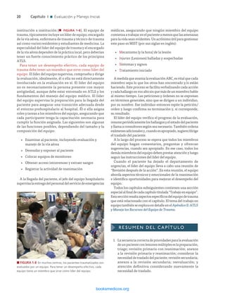 ­20	Capítulo 1 n Evaluación y Manejo Inicial
institución a institución (n  FIGURA 1-8). El equipo de
trauma, típicamente incluye un líder de equipo, encargado
de la vía aérea, enfermera de trauma y técnico de trauma
así como varios residentes y estudiantes de medicina. La
especialidad del líder del equipo de trauma y el encargado
de la vía aérea dependen de la práctica local, pero deberían
tener un fuerte conocimiento práctico de los principios
ATLS.
Para tener un desempeño efectivo, cada equipo de
trauma debe tener un miembro que sirve como líder del
equipo. El líder del equipo supervisa, comprueba y dirige
la evaluación; idealmente, él o ella no está directamente
involucrado en la evaluación en sí. El líder del equipo
no es necesariamente la persona presente con mayor
antigüedad, aunque debe estar entrenado en ATLS y los
fundamentos del manejo del equipo médico. El líder
del equipo supervisa la preparación para la llegada del
paciente para asegurar una transición adecuada desde
el entorno prehospitalario al hospital. Él o ella asigna
roles y tareas a los miembros del equipo, asegurando que
cada participante tenga la capacitación necesaria para
cumplir la función asignada. Las siguientes son algunas
de las funciones posibles, dependiendo del tamaño y la
composición del equipo:
•
• Examinar al paciente, incluyendo evaluación y
manejo de la vía aérea
•
• Desnudar y exponer al paciente
•
• Colocar equipos de monitoreo
•
• Obtener acceso intravenoso y extraer sangre
•
• Registrar la actividad de reanimación
A la llegada del paciente, el jefe del equipo hospitalario
supervisalaentregadelpersonaldelserviciodeemergencias
n FIGURA 1-8  En muchos centros, los pacientes traumatizados son
evaluados por un equipo. Para tener un desempeño efectivo, cada
equipo tiene un miembro que sirve como líder del equipo.
médicas, asegurando que ningún miembro del equipo
comienzaatrabajarenelpacienteamenosquelasamenazas
paralavidaseanevidentes.Unacrónimoútilparagestionar
este paso es MIST (por sus siglas en inglés):
	
•
• Mecanismo (y la hora) de la lesión
•
• Injuries (Lesiones) halladas y sospechadas
•
• Síntomas y signos
•
• Tratamiento iniciado
AmedidaqueavanzalaevaluaciónABC,esvitalquecada
miembro sepa lo que los otros han encontrado y/o están
haciendo. Este proceso se facilita verbalizando cada acción
ycadahallazgoenvozaltasinquemásdeunmiembrohable
al mismo tiempo. Las peticiones y órdenes no se expresan
en términos generales, sino que se dirigen a un individuo,
por su nombre. Ese individuo entonces repite la petición/
orden y luego confirma su terminación y, si corresponde,
su resultado.
El líder del equipo verifica el progreso de la evaluación,
resumeperiódicamenteloshallazgosyelestadodelpaciente
yllamaaconsultoressegúnseanecesario.Tambiénordena
exámenesadicionalesy,cuandoesapropiado,sugiere/dirige
el traslado del paciente.
A lo largo del proceso se espera que todos los miembros
del equipo hagan comentarios, preguntas y ofrezcan
sugerencias, cuando sea apropiado. En ese caso, todos los
demásmiembrosdelequipodebenprestaratenciónyluego
seguir las instrucciones del líder del equipo.
Cuando el paciente ha dejado el departamento de
urgencias, el líder del equipo lleva a cabo una reunión de
“Revisión después de la acción”. En esta reunión, el equipo
aborda aspectos técnicos y emocionales de la reanimación
e identifica oportunidades para mejorar el desempeño del
equipo.
Todos los capítulos subsiguientes contienen una sección
especialalfinaldecadacapítulotitulada“Trabajoenequipo”.
Estasecciónresaltaaspectosespecíficosdelequipodetrauma
que está relacionado con el capítulo. El tema del trabajo en
equipotambiénseexploraendetalleenelApéndiceE:ATLS
y Manejo los Recursos del Equipo de Trauma.
RESUMEN DEL CAPÍTULO
1.	 Lasecuenciacorrectadeprioridadesparalaevaluación
deunpacienteconlesionesmúltipleseslapreparación;
triage; revisión primaria con reanimación; anexos
a la revisión primaria y reanimación; considerar la
necesidaddetrasladodelpaciente;revisiónsecundaria;
anexos a la revisión secundaria; reevaluación; y
atención definitiva considerando nuevamente la
necesidad de traslado.
ERRNVPHGLFRVRUJ
 