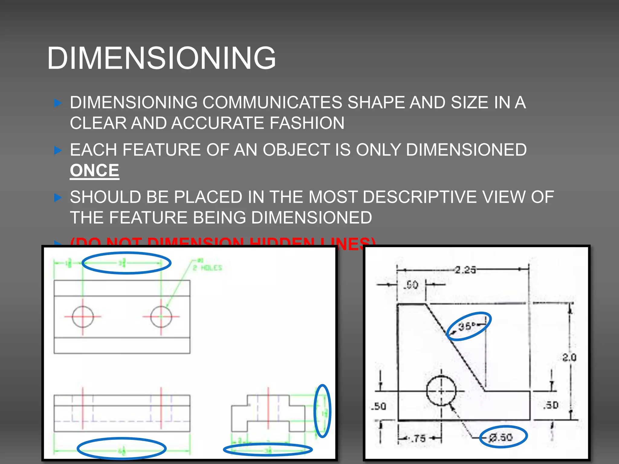DIMENSIONING
 DIMENSIONING COMMUNICATES SHAPE AND SIZE IN A
CLEAR AND ACCURATE FASHION
 EACH FEATURE OF AN OBJECT IS ONLY DIMENSIONED
ONCE
 SHOULD BE PLACED IN THE MOST DESCRIPTIVE VIEW OF
THE FEATURE BEING DIMENSIONED
 (DO NOT DIMENSION HIDDEN LINES)
 