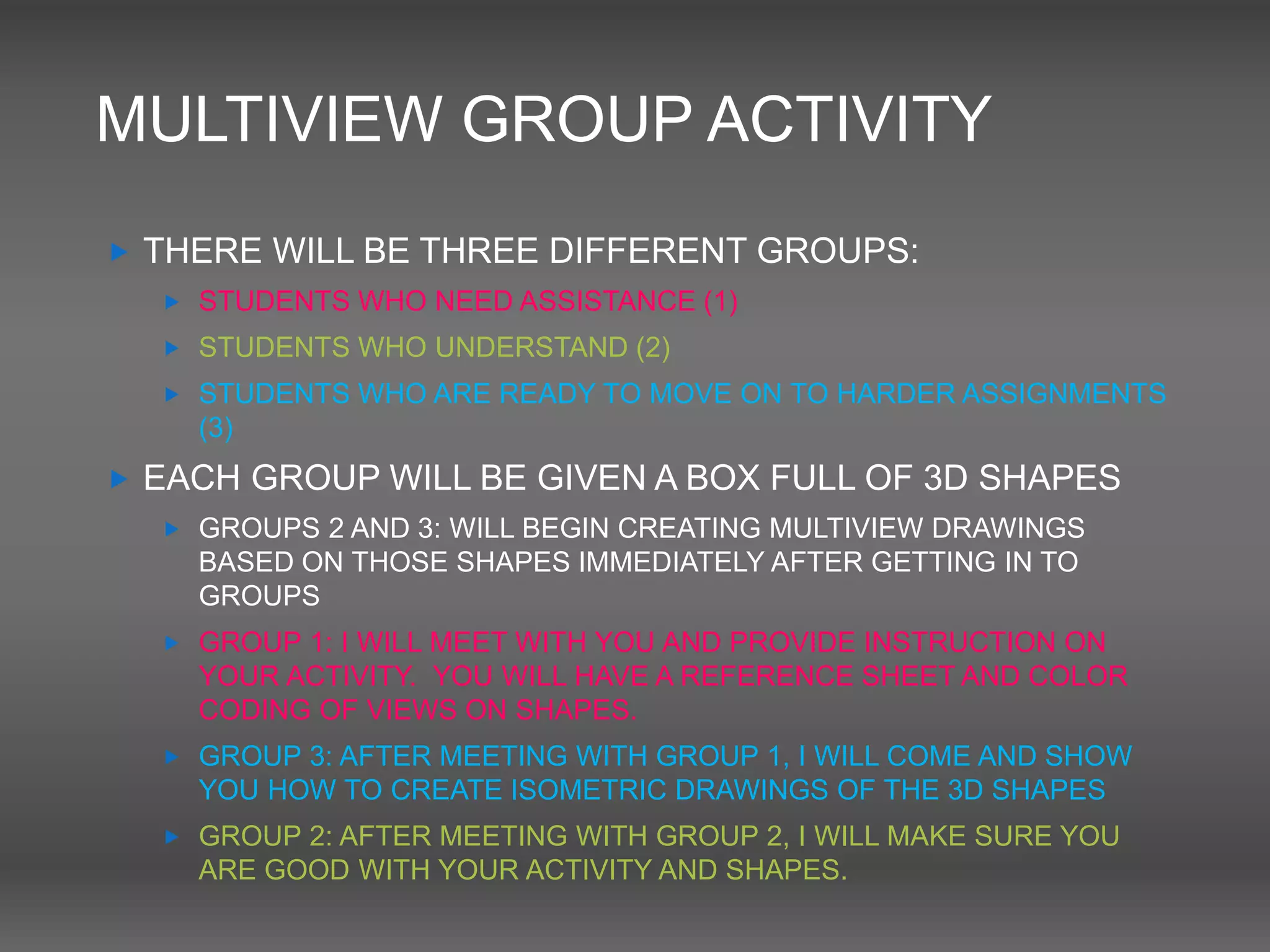 MULTIVIEW GROUP ACTIVITY
 THERE WILL BE THREE DIFFERENT GROUPS:
 STUDENTS WHO NEED ASSISTANCE (1)
 STUDENTS WHO UNDERSTAND (2)
 STUDENTS WHO ARE READY TO MOVE ON TO HARDER ASSIGNMENTS
(3)
 EACH GROUP WILL BE GIVEN A BOX FULL OF 3D SHAPES
 GROUPS 2 AND 3: WILL BEGIN CREATING MULTIVIEW DRAWINGS
BASED ON THOSE SHAPES IMMEDIATELY AFTER GETTING IN TO
GROUPS
 GROUP 1: I WILL MEET WITH YOU AND PROVIDE INSTRUCTION ON
YOUR ACTIVITY. YOU WILL HAVE A REFERENCE SHEET AND COLOR
CODING OF VIEWS ON SHAPES.
 GROUP 3: AFTER MEETING WITH GROUP 1, I WILL COME AND SHOW
YOU HOW TO CREATE ISOMETRIC DRAWINGS OF THE 3D SHAPES
 GROUP 2: AFTER MEETING WITH GROUP 2, I WILL MAKE SURE YOU
ARE GOOD WITH YOUR ACTIVITY AND SHAPES.
 