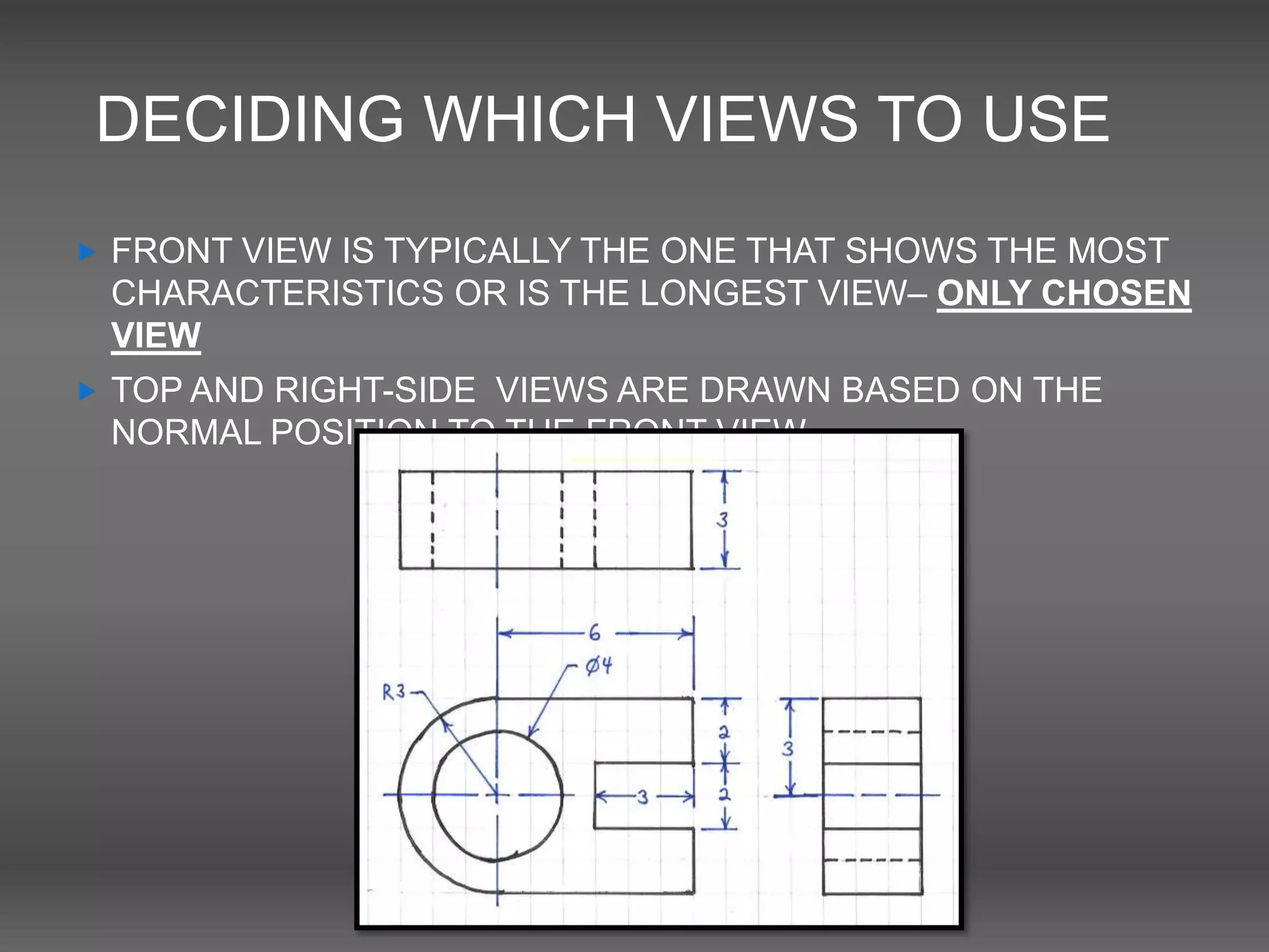 DECIDING WHICH VIEWS TO USE
 FRONT VIEW IS TYPICALLY THE ONE THAT SHOWS THE MOST
CHARACTERISTICS OR IS THE LONGEST VIEW– ONLY CHOSEN
VIEW
 TOP AND RIGHT-SIDE VIEWS ARE DRAWN BASED ON THE
NORMAL POSITION TO THE FRONT VIEW
 
