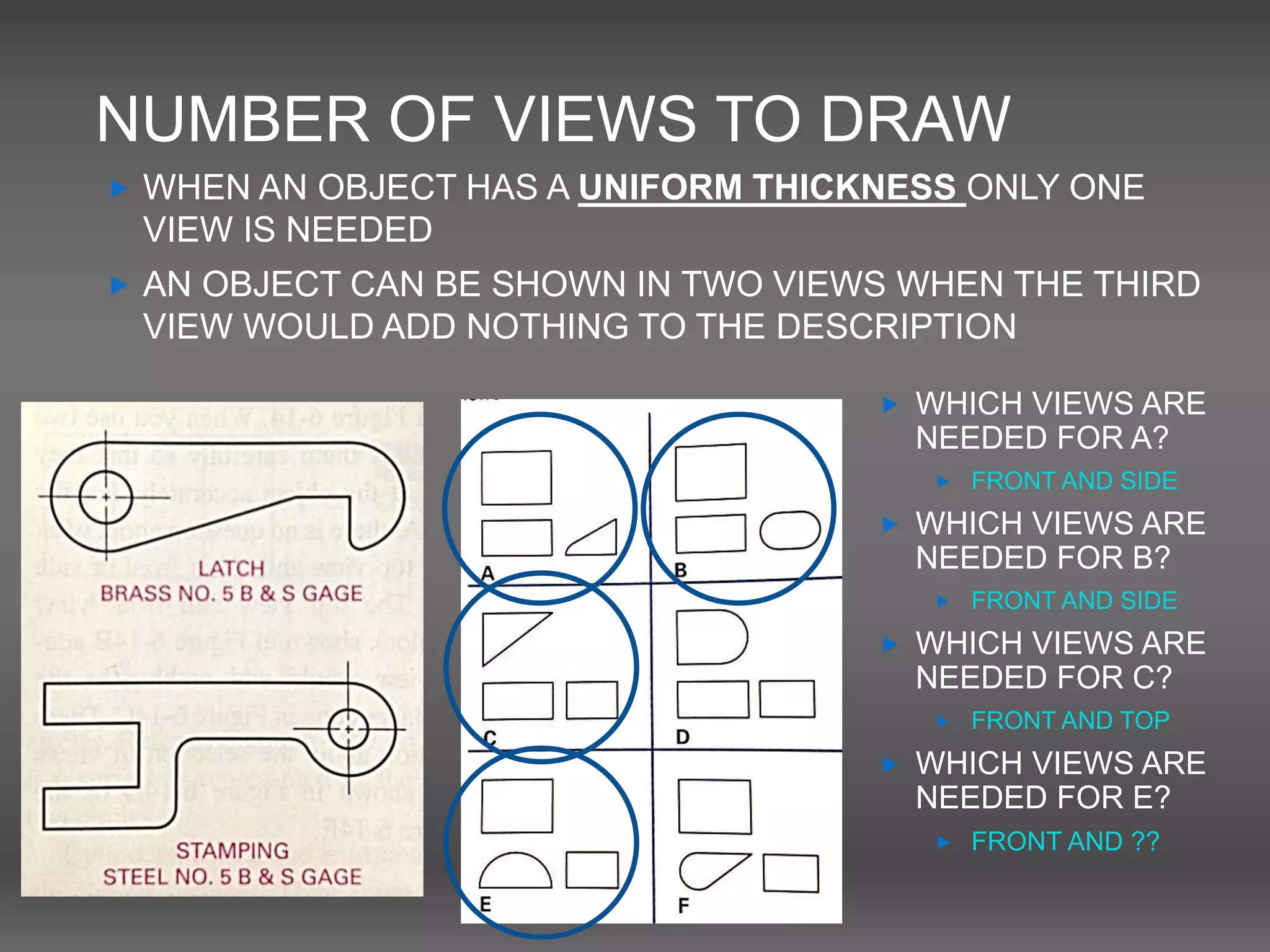 NUMBER OF VIEWS TO DRAW
 WHEN AN OBJECT HAS A UNIFORM THICKNESS ONLY ONE
VIEW IS NEEDED
 AN OBJECT CAN BE SHOWN IN TWO VIEWS WHEN THE THIRD
VIEW WOULD ADD NOTHING TO THE DESCRIPTION
 WHICH VIEWS ARE
NEEDED FOR A?
 FRONT AND SIDE
 WHICH VIEWS ARE
NEEDED FOR B?
 FRONT AND SIDE
 WHICH VIEWS ARE
NEEDED FOR C?
 FRONT AND TOP
 WHICH VIEWS ARE
NEEDED FOR E?
 FRONT AND ??
 