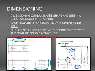 DIMENSIONING
 DIMENSIONING COMMUNICATES SHAPE AND SIZE IN A
CLEAR AND ACCURATE FASHION
 EACH FEATURE OF AN OBJECT IS ONLY DIMENSIONED
ONCE
 SHOULD BE PLACED IN THE MOST DESCRIPTIVE VIEW OF
THE FEATURE BEING DIMENSIONED
 (DO NOT DIMENSION HIDDEN LINES)
 