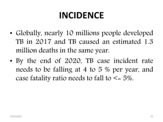 INCIDENCE
• Globally, nearly 10 millions people developed
TB in 2017 and TB caused an estimated 1.3
million deaths in the same year.
• By the end of 2020, TB case incident rate
needs to be falling at 4 to 5 % per year, and
case fatality ratio needs to fall to <= 5%.
7/24/2022 22
 