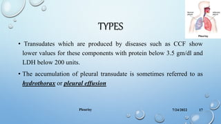 TYPES
• Transudates which are produced by diseases such as CCF show
lower values for these components with protein below 3.5 gm/dl and
LDH below 200 units.
• The accumulation of pleural transudate is sometimes referred to as
hydrothorax or pleural effusion
7/24/2022
Pleurisy 17
 