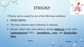 ETIOLOGY
• Pleurisy can be caused by any of the following conditions:
1. INFECTIONS
 The most common cause of pleurisy is infection.
 Several viruses that cause pleurisy include influenza or flu virus,
cytomegalovirus(CMV) , parainflenza virus, and Epstein-Barr
virus.
7/24/2022
Pleurisy
20
 