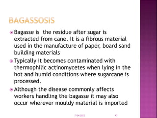  Bagasse is the residue after sugar is
extracted from cane. It is a fibrous material
used in the manufacture of paper, board sand
building materials
 Typically it becomes contaminated with
thermophilic actinomycetes when lying in the
hot and humid conditions where sugarcane is
processed.
 Although the disease commonly affects
workers handling the bagasse it may also
occur wherever mouldy material is imported
7/24/2022 43
 