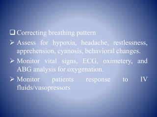  Correcting breathing pattern
 Assess for hypoxia, headache, restlessness,
apprehension, cyanosis, behavioral changes.
 Monitor vital signs, ECG, oximetery, and
ABG analysis for oxygenation.
 Monitor patients response to IV
fluids/vasopressors
 