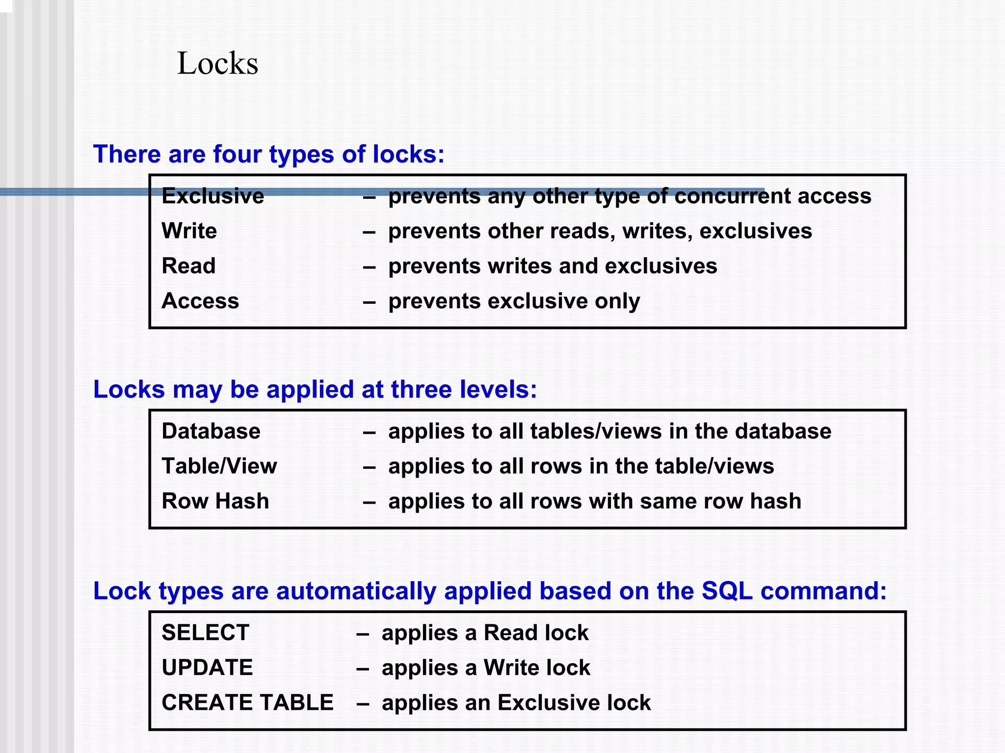Locks
Exclusive – prevents any other type of concurrent access
Write – prevents other reads, writes, exclusives
Read – prevents writes and exclusives
Access – prevents exclusive only
There are four types of locks:
Database – applies to all tables/views in the database
Table/View – applies to all rows in the table/views
Row Hash – applies to all rows with same row hash
Locks may be applied at three levels:
Lock types are automatically applied based on the SQL command:
SELECT – applies a Read lock
UPDATE – applies a Write lock
CREATE TABLE – applies an Exclusive lock
 