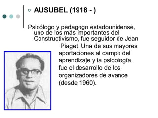 o AUSUBEL (1918 - )
Psicólogo y pedagogo estadounidense,
uno de los más importantes del
Constructivismo, fue seguidor de Jean
Piaget. Una de sus mayores
aportaciones al campo del
aprendizaje y la psicología
fue el desarrollo de los
organizadores de avance
(desde 1960).
 