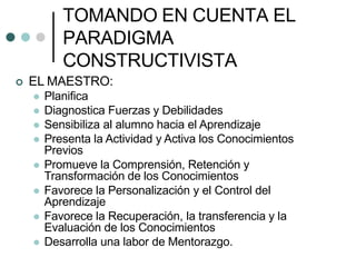 TOMANDO EN CUENTA EL
PARADIGMA
CONSTRUCTIVISTA
 EL MAESTRO:
 Planifica
 Diagnostica Fuerzas y Debilidades
 Sensibiliza al alumno hacia el Aprendizaje
 Presenta la Actividad y Activa los Conocimientos
Previos
 Promueve la Comprensión, Retención y
Transformación de los Conocimientos
 Favorece la Personalización y el Control del
Aprendizaje
 Favorece la Recuperación, la transferencia y la
Evaluación de los Conocimientos
 Desarrolla una labor de Mentorazgo.
 