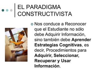 EL PARADIGMA
CONSTRUCTIVISTA
 Nos conduce a Reconocer
que el Estudiante no sólo
debe Adquirir Información,
sino también debe Aprender
Estrategias Cognitivas, es
decir, Procedimientos para
Adquirir, Seleccionar,
Recuperar y Usar
Información.
 