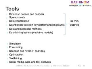 21BBA3DA - DSC - Fundamentals of Business Analytics | ODD Semester 2022-2023 | Page 10
🞂
🞂
🞂
🞂
Database queries and analysis
Spreadsheets
Data visualization
Dashboards to report key performance measures
In this
course
🞂 Data and Statistical methods
🞂 Data Mining basics (predictive models)
🞂 Simulation
🞂 Forecasting
🞂 Scenario and “what-if” analyses
🞂 Optimization
🞂 Text Mining
🞂 Social media, web, and text analytics
 