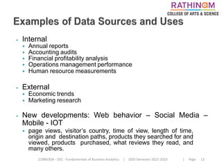 21BBA3DA - DSC - Fundamentals of Business Analytics | ODD Semester 2022-2023 | Page 13
⦁ Internal
⦁ Annual reports
⦁ Accounting audits
⦁ Financial profitability analysis
⦁ Operations management performance
⦁ Human resource measurements
⦁ External
⦁ Economic trends
⦁ Marketing research
⦁ New developments: Web behavior – Social Media –
Mobile - IOT
⦁ page views, visitor’s country, time of view, length of time,
origin and destination paths, products they searched for and
viewed, products purchased, what reviews they read, and
many others.
 