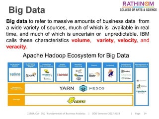 21BBA3DA - DSC - Fundamentals of Business Analytics | ODD Semester 2022-2023 | Page 14
Big data to refer to massive amounts of business data from
a wide variety of sources, much of which is available in real
time, and much of which is uncertain or unpredictable. IBM
calls these characteristics volume, variety, velocity, and
veracity.
Apache Hadoop Ecosystem for Big Data
 