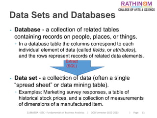 21BBA3DA - DSC - Fundamentals of Business Analytics | ODD Semester 2022-2023 | Page 15
⦁ Database - a collection of related tables
containing records on people, places, or things.
◦ In a database table the columns correspond to each
individual element of data (called fields, or attributes),
and the rows represent records of related data elements.
⦁ Data set - a collection of data (often a single
“spread sheet” or data mining table).
◦ Examples: Marketing survey responses, a table of
historical stock prices, and a collection of measurements
of dimensions of a manufactured item.
Extract
(SQL)
 