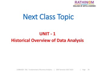 21BBA3DA - DSC - Fundamentals of Business Analytics | ODD Semester 2022-2023 | Page 29
Next Class Topic
UNIT - 1
Historical Overview of Data Analysis
 