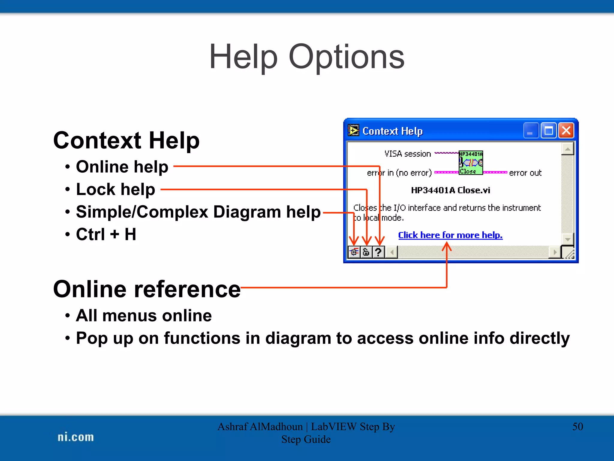 Help Options
Ashraf AlMadhoun | LabVIEW Step By
Step Guide
50
Context Help
• Online help
• Lock help
• Simple/Complex Diagram help
• Ctrl + H
Online reference
• All menus online
• Pop up on functions in diagram to access online info directly
 