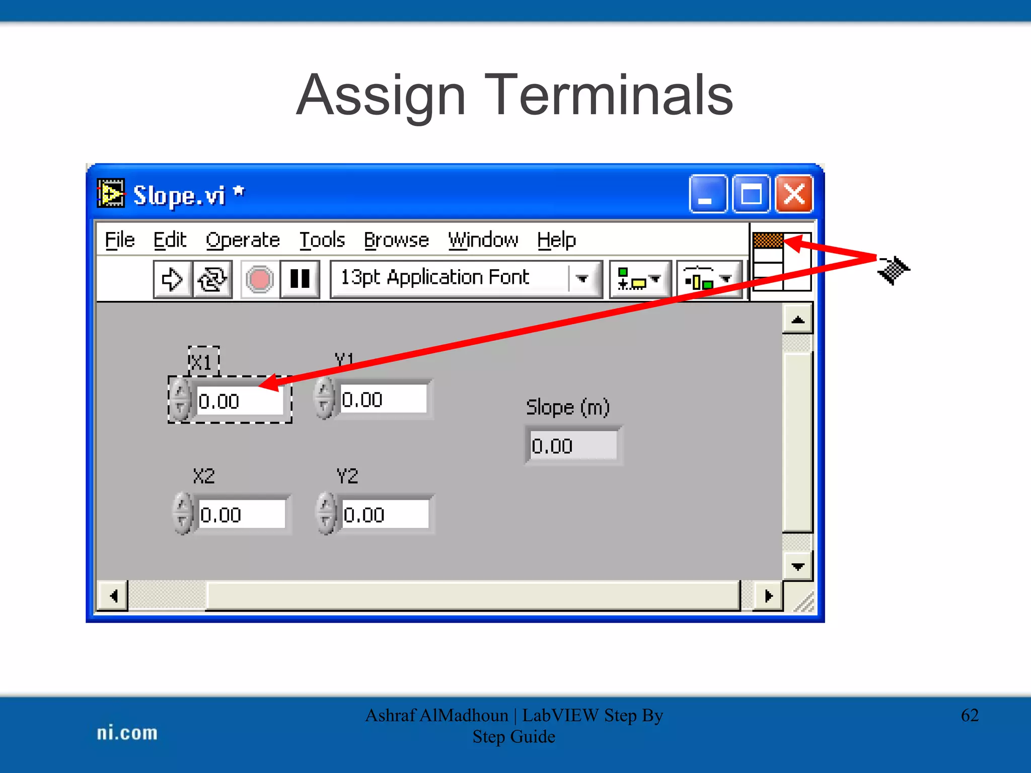 Assign Terminals
Ashraf AlMadhoun | LabVIEW Step By
Step Guide
62
 