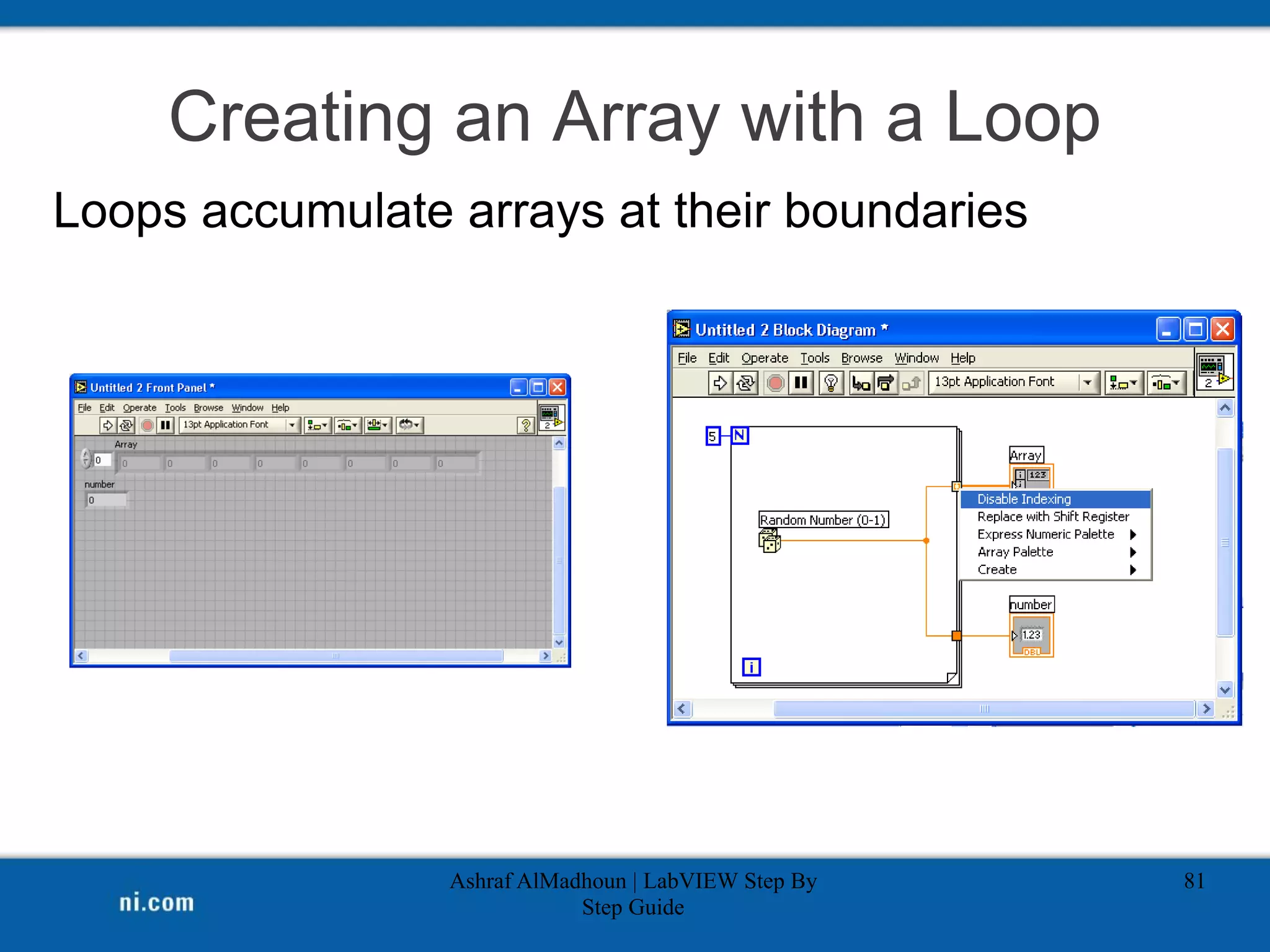 Creating an Array with a Loop
Loops accumulate arrays at their boundaries
Ashraf AlMadhoun | LabVIEW Step By
Step Guide
81
 