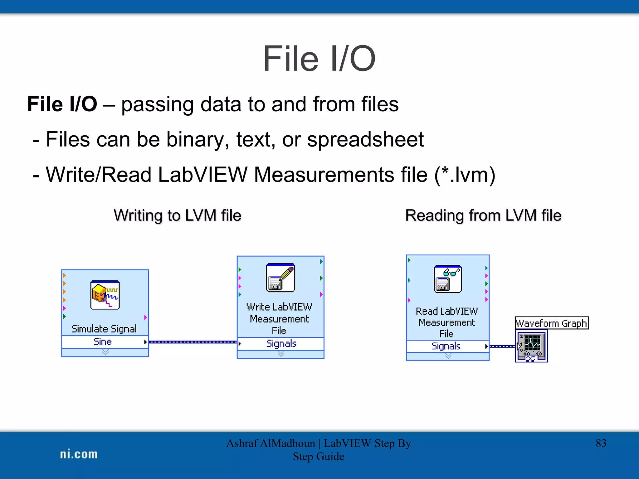 File I/O
File I/O – passing data to and from files
- Files can be binary, text, or spreadsheet
- Write/Read LabVIEW Measurements file (*.lvm)
Ashraf AlMadhoun | LabVIEW Step By
Step Guide
83
Writing to LVM file Reading from LVM file
 