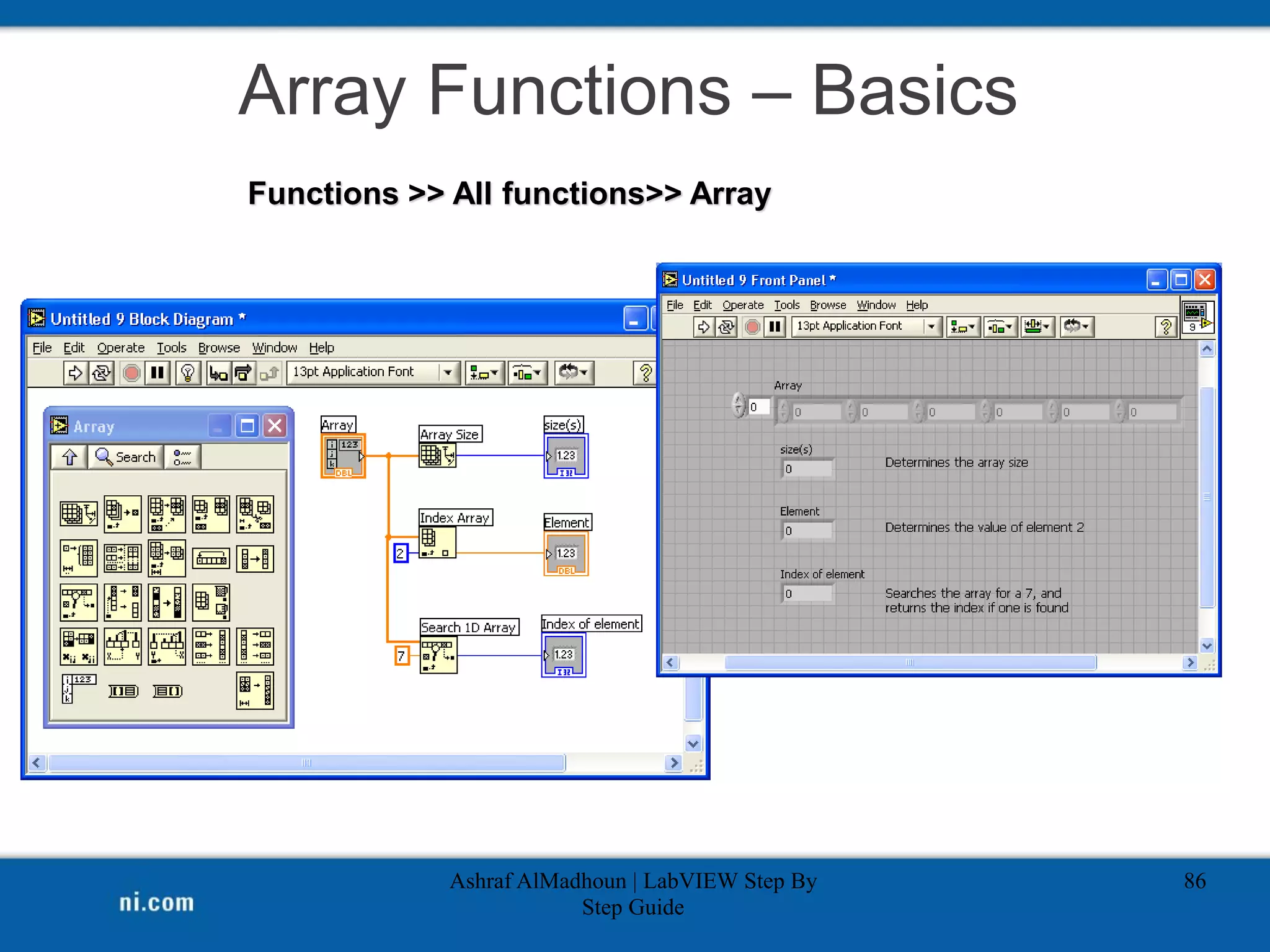 Array Functions – Basics
Ashraf AlMadhoun | LabVIEW Step By
Step Guide
86
Functions >> All functions>> Array
 
